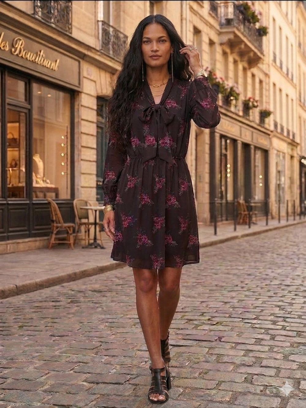 Ann Taylor LOFT Side XL Black + Pink Floral Long Sleeve Tie Neck Dress